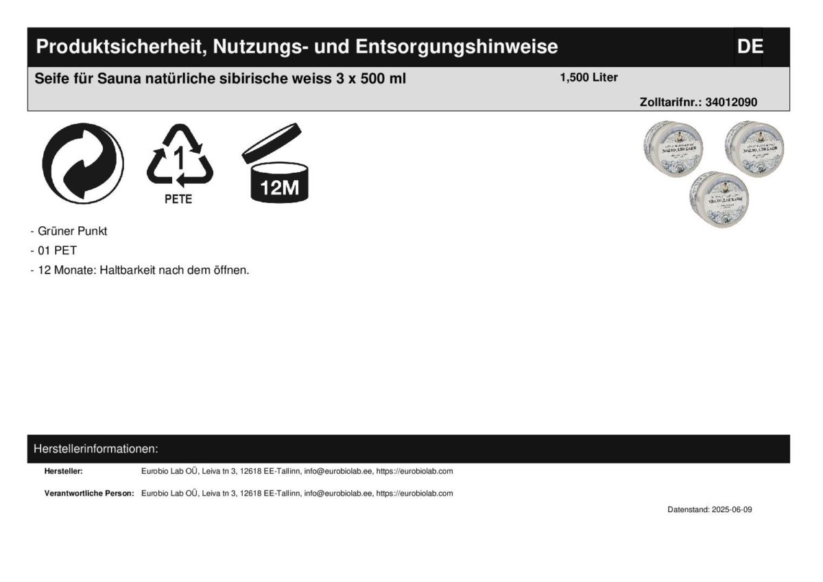 Seife für Sauna natürliche sibirische weiss 3 x 500 ml