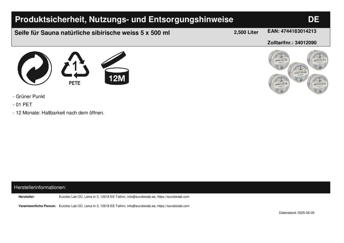 Seife für Sauna natürliche sibirische weiss 5 x 500 ml