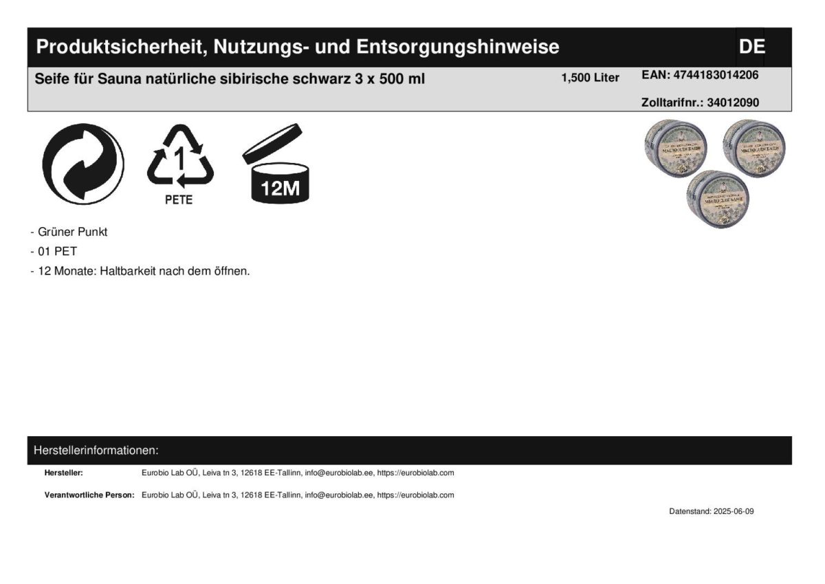 Seife für Sauna natürliche sibirische schwarz 3 x 500 ml