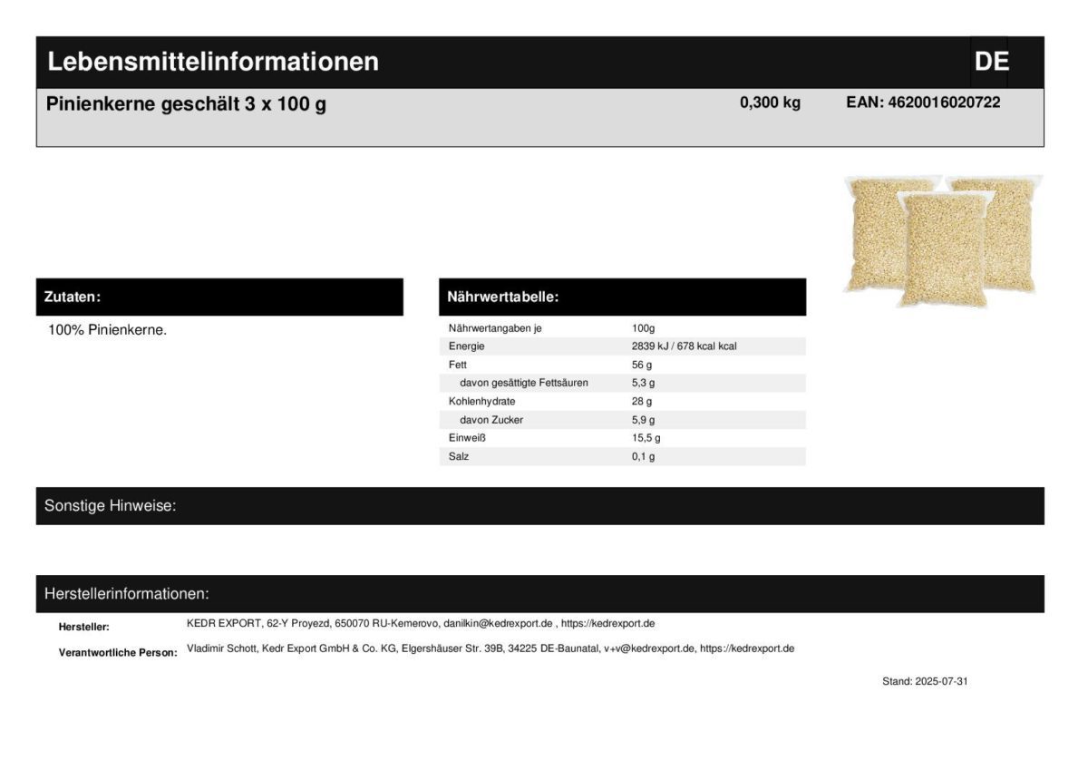 Pinienkerne Zedernüsse geschält aus Sibirien 3 x 100 g