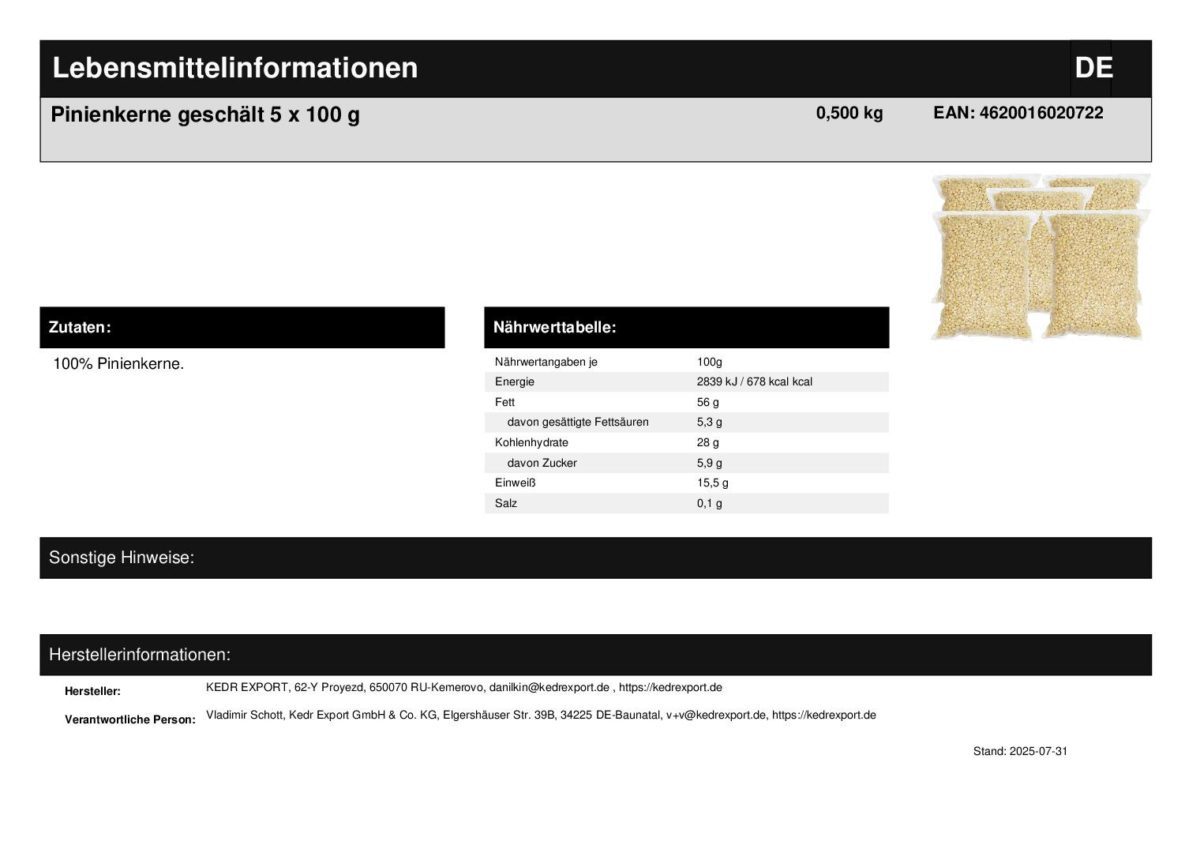 Pinienkerne Zedernüsse geschält aus Sibirien 5 x 100 g