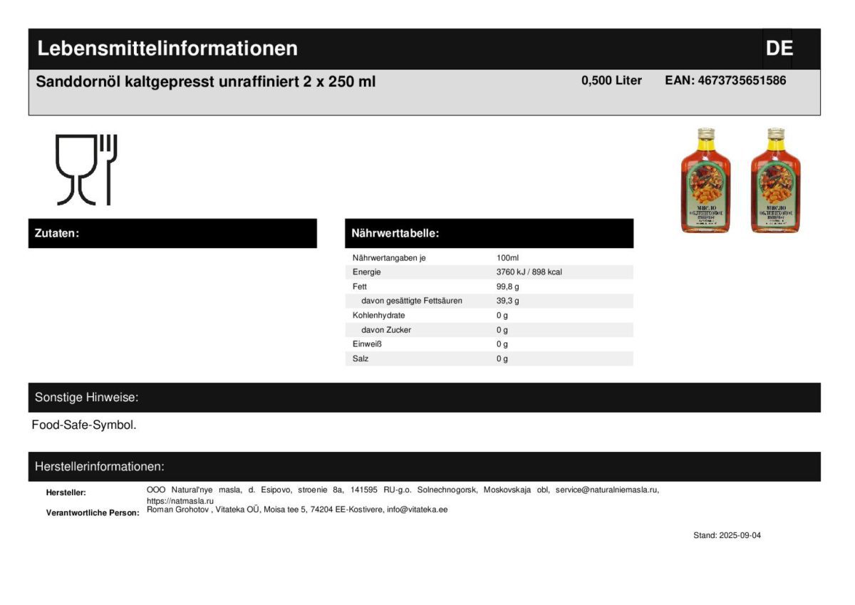 Sanddornöl kaltgepresst unraffiniert 2 x 250 ml