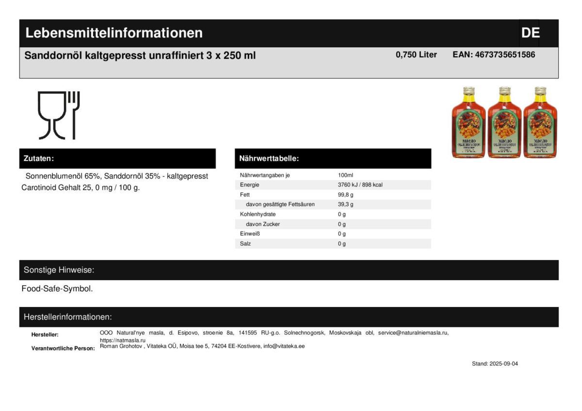 Sanddornöl kaltgepresst unraffiniert 3 x 250 ml