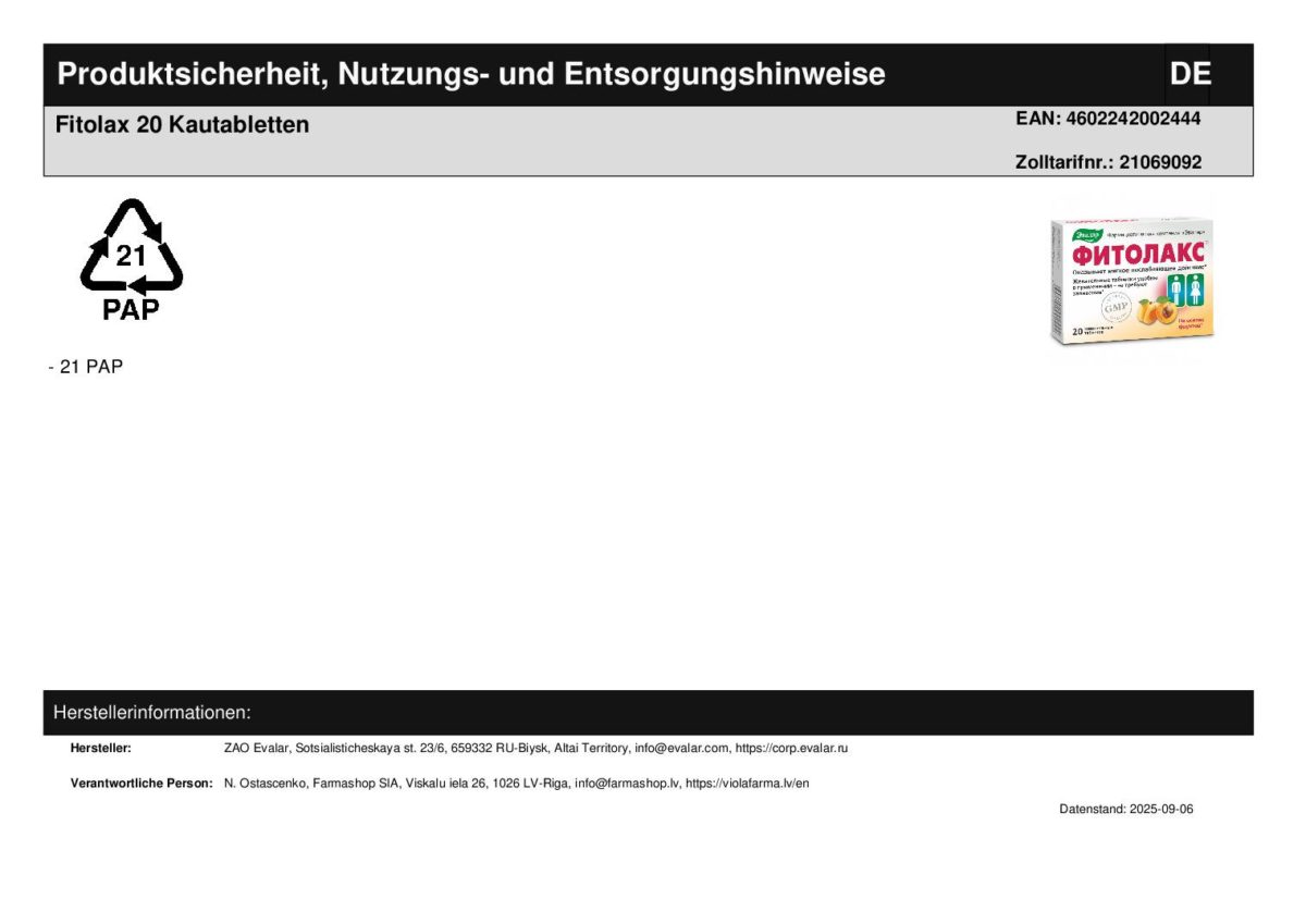 Fitolax Darmentleerung 20 Kautabletten