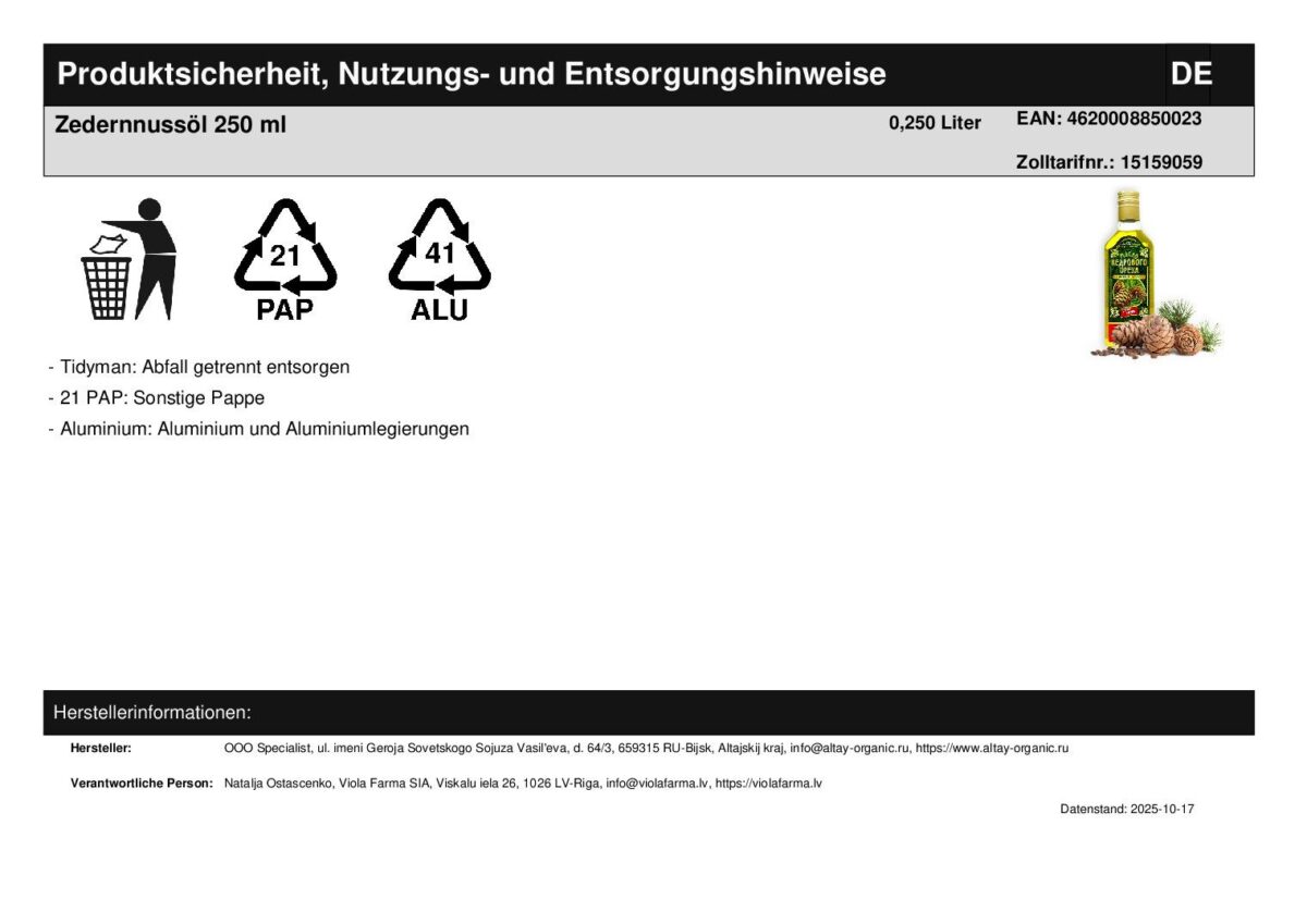 Zedernnussöl kaltgepresst Altai Sibirien 250 ml