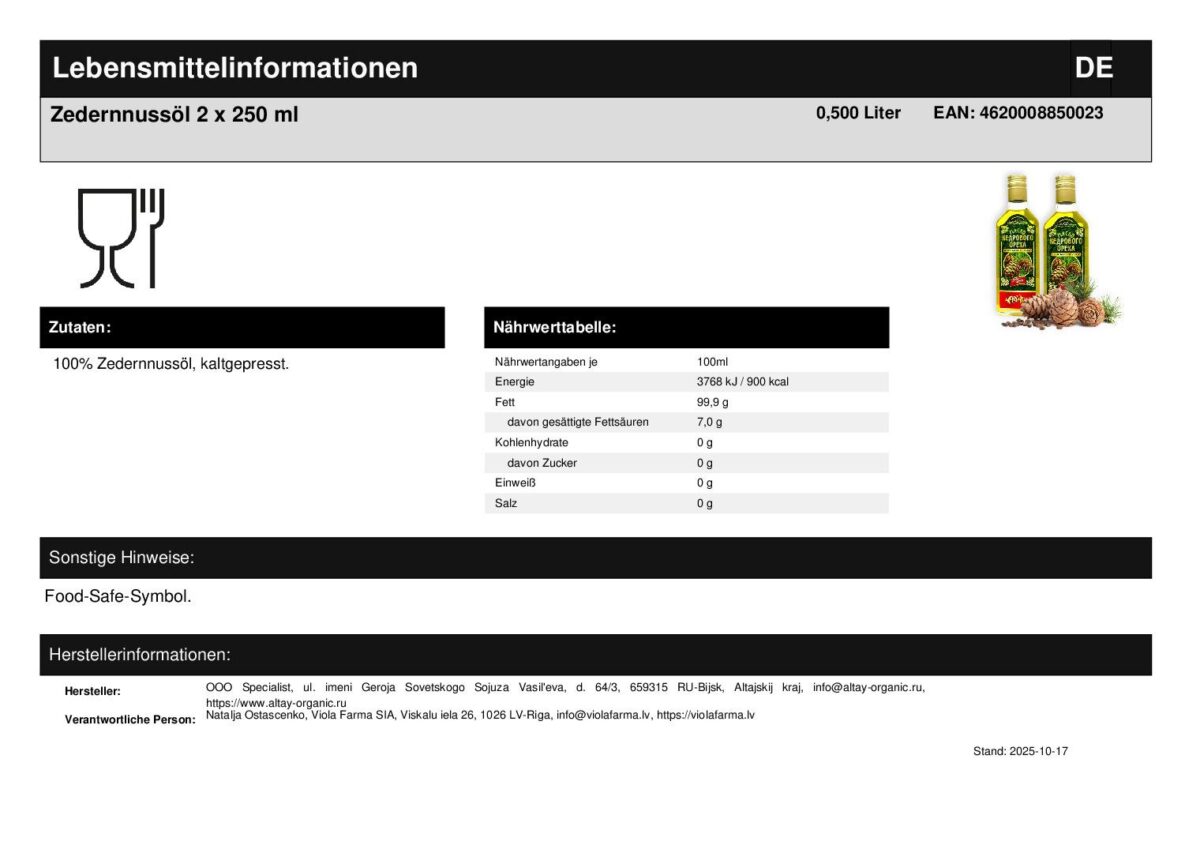 Zedernnussöl kaltgepresst Altai Sibirien 2 x 250 ml