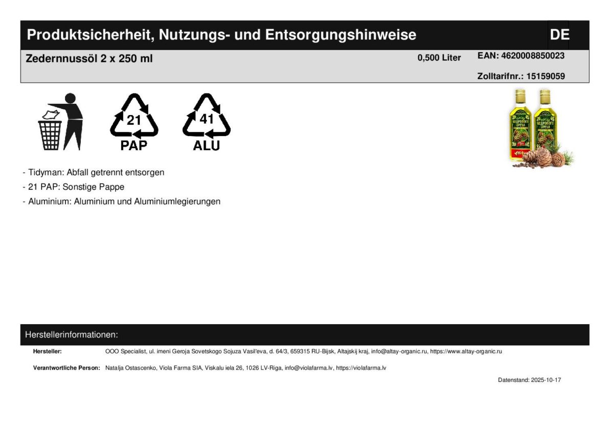 Zedernnussöl kaltgepresst Altai Sibirien 2 x 250 ml