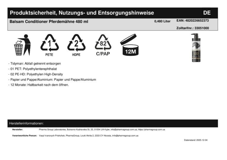 Balsam Conditioner Horse Mane Haarspülung Keratin Lanolin Collagen 480 ml