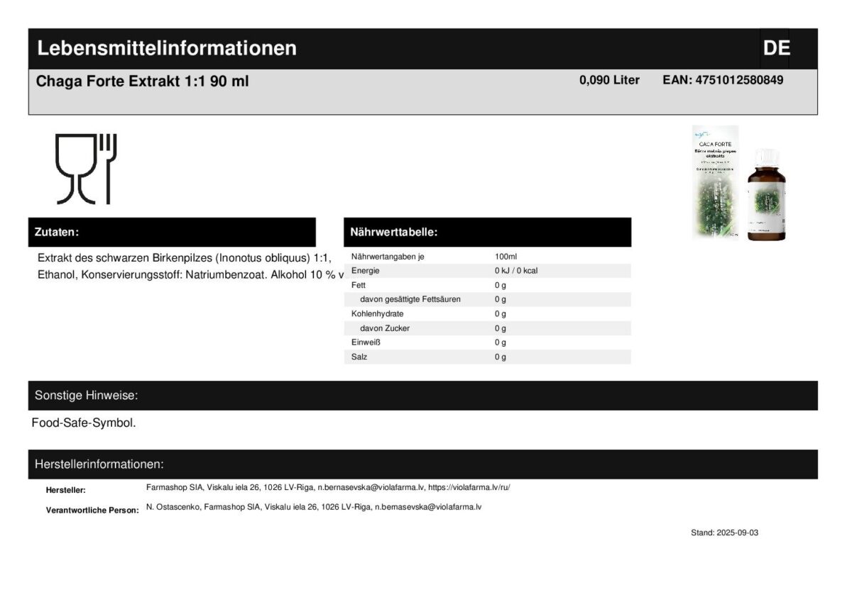Chaga Forte Extrakt 1:1 Konzentrat Inonotus obliquus 90 ml