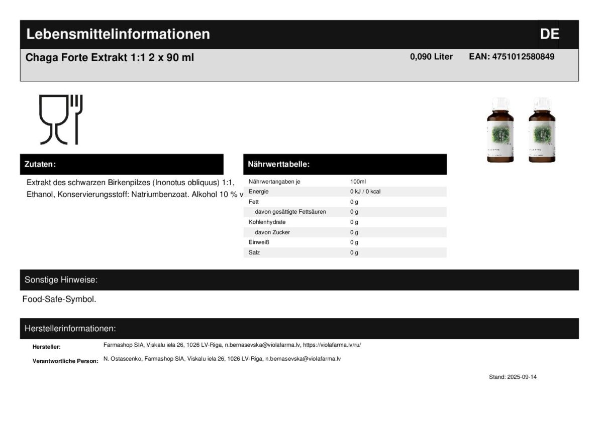 Chaga Forte Extrakt 1:1 Konzentrat Inonotus obliquus 2 x 90 ml