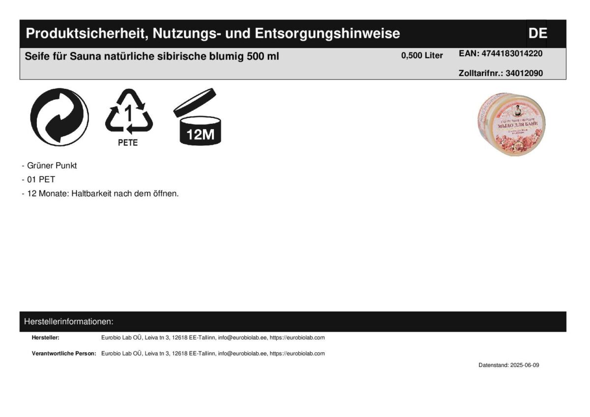 Seife für Sauna Agafia natürliche sibirische 500 ml