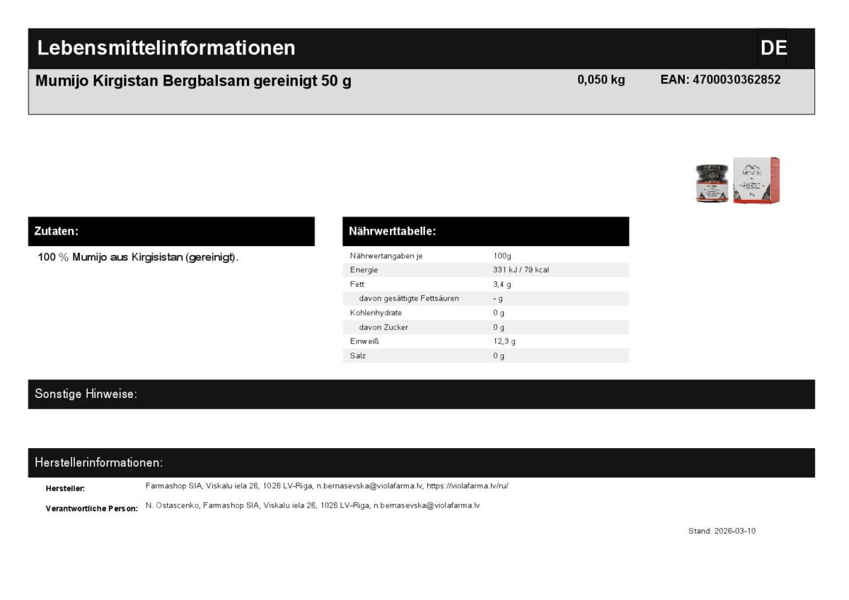 Mumijo Shilajit Harz Kirgistan Bergbalsam gereinigt Huminsäuren 50 g