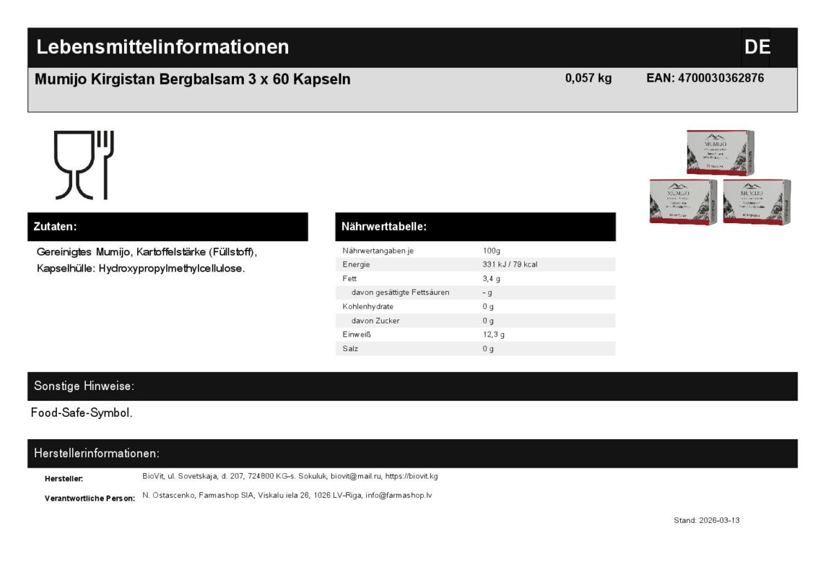 Mumijo Shilajit Kirgistan Fulvinsäure Huminsäure 3 x 60 Kapseln