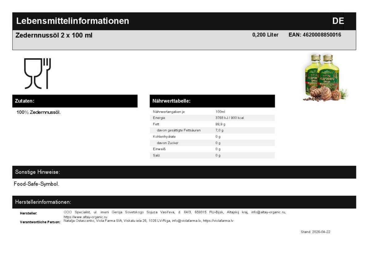 Zedernnussöl Naturprodukt Zedernöl 2 x 100 ml