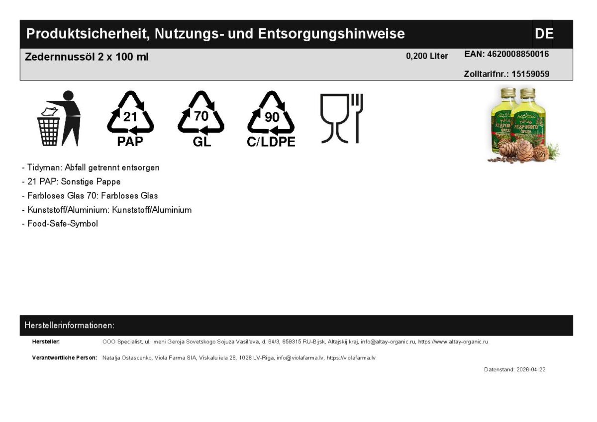 Zedernnussöl Naturprodukt Zedernöl 2 x 100 ml