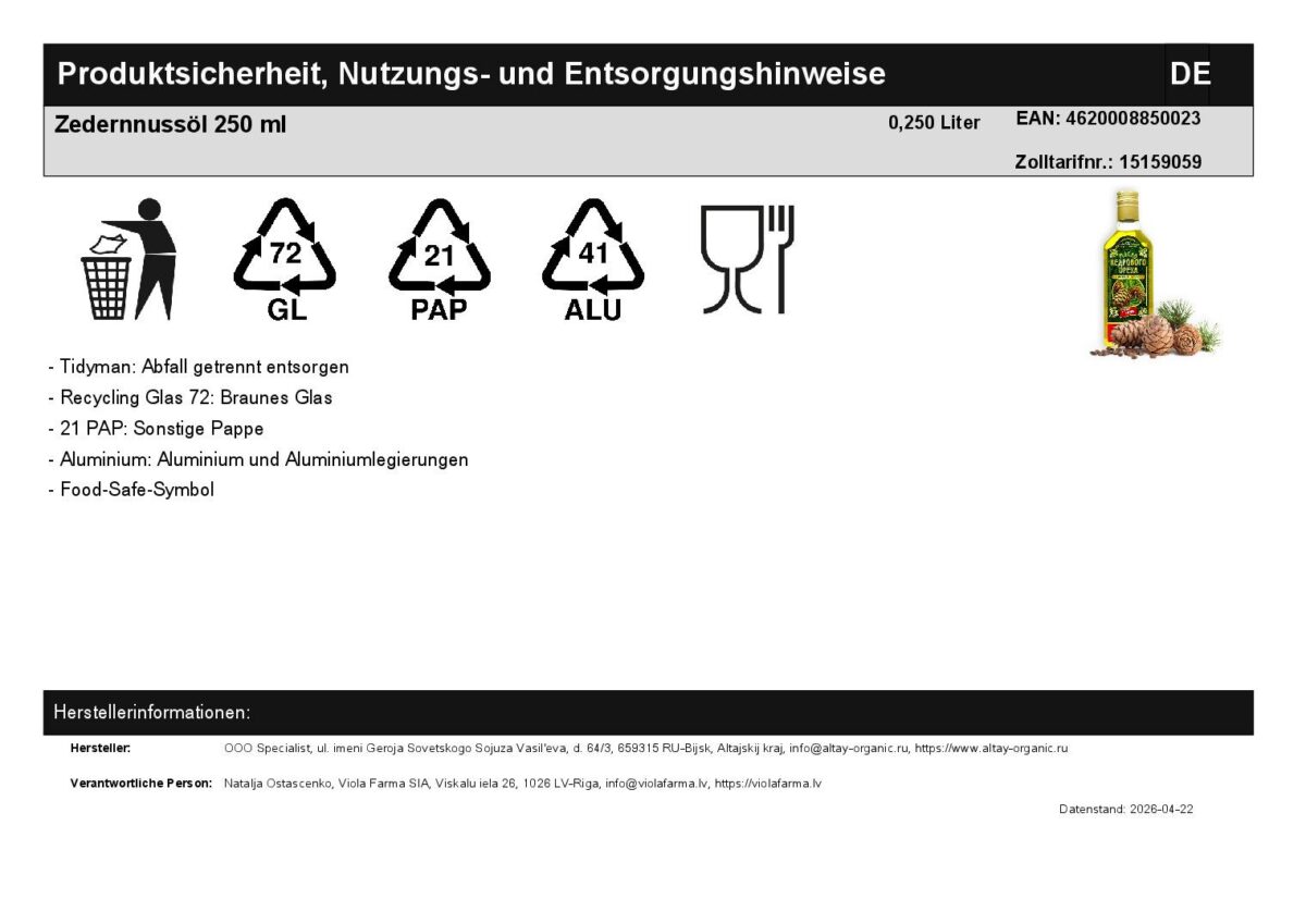 Zedernnussöl kaltgepresst Naturprodukt Altai Sibirien 250 ml