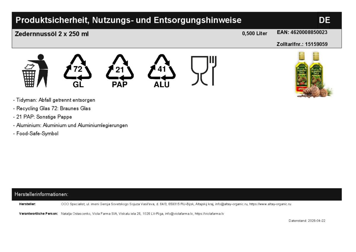 Zedernnussöl kaltgepresst Naturprodukt Altai Sibirien 2 x 250 ml