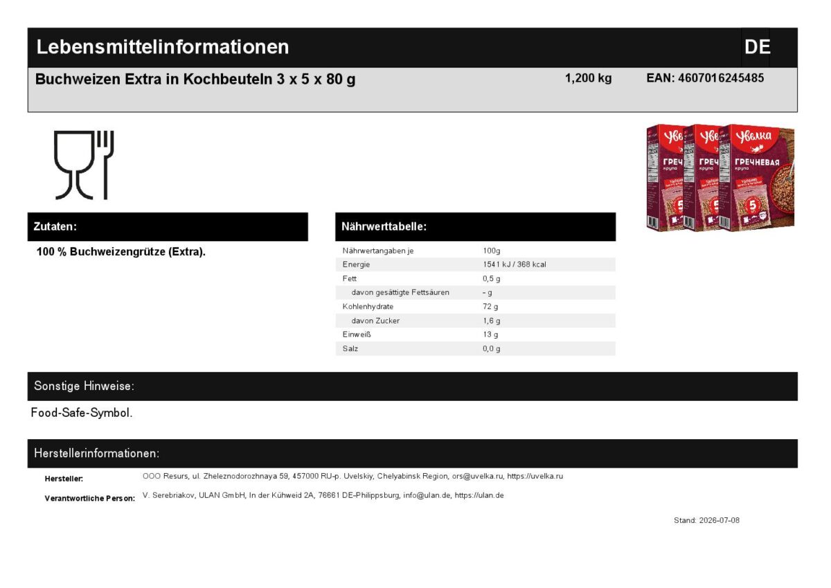 Buchweizen Uvelka Extra in Kochbeuteln 3 x 5 x 80 g 1200 g Buckwheat