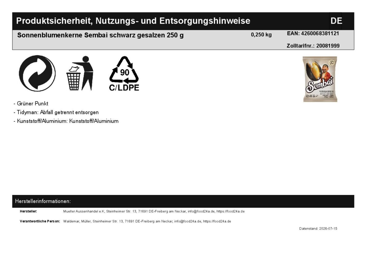Sonnenblumenkerne Sembai schwarz geröstet gesalzen 250 g
