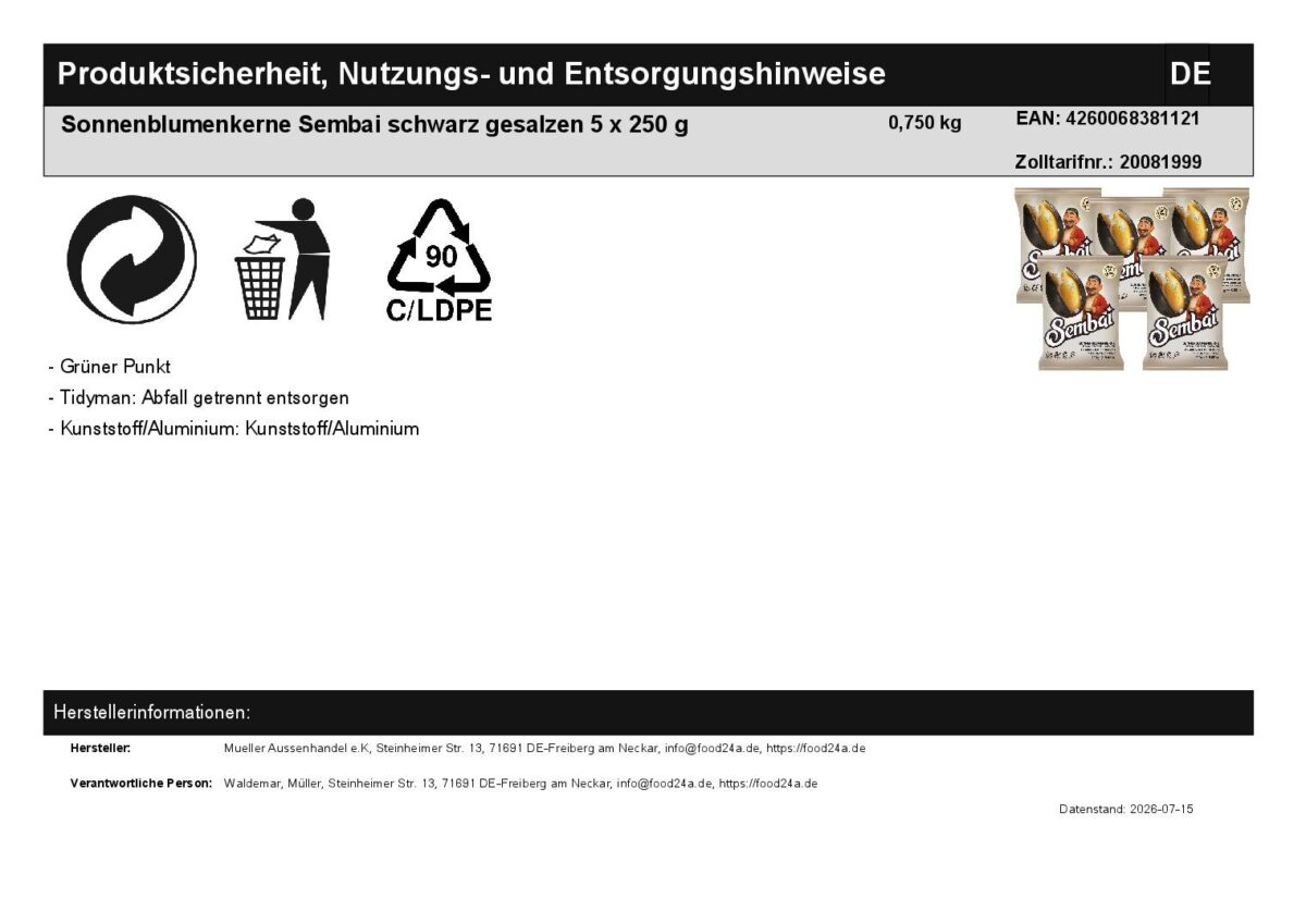 Sonnenblumenkerne Sembai schwarz geröstet gesalzen 5 x 250 g