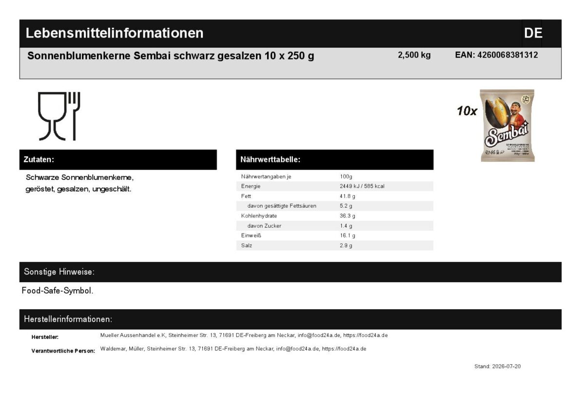 Sonnenblumenkerne Sembai schwarz geröstet gesalzen 10 x 250 g