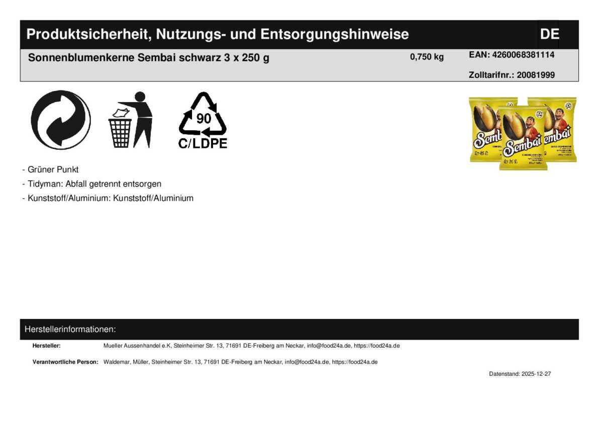 Sonnenblumenkerne Sembai schwarz geröstet ungesalzen ungeschält 3 x 250 g