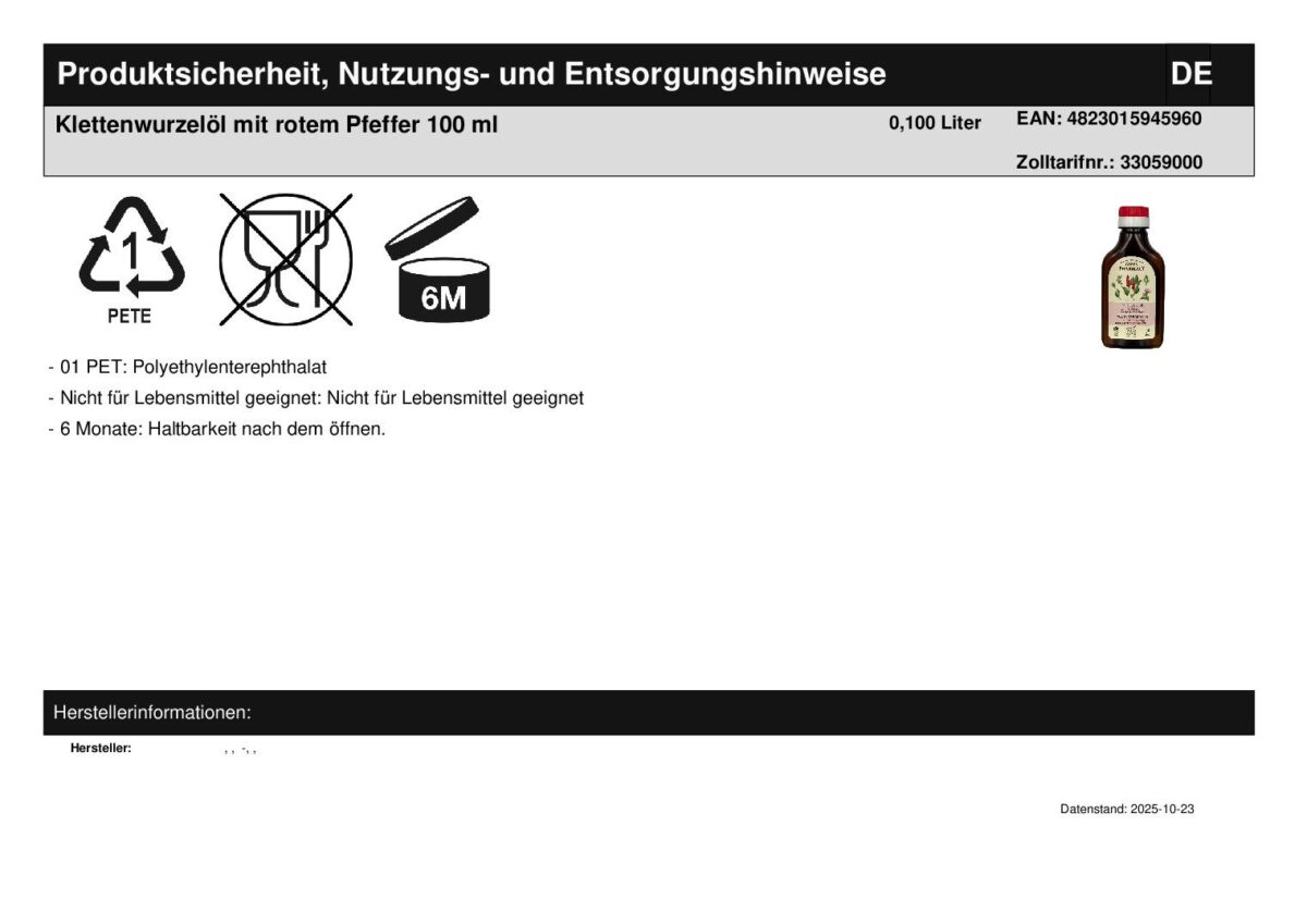 Klettenwurzelöl mit rotem Pfeffer Haaröl Haarwachstum 100 ml