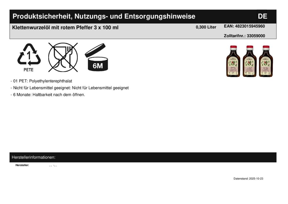 Klettenwurzelöl mit rotem Pfeffer Haaröl Haarwachstum 3 x 100 ml