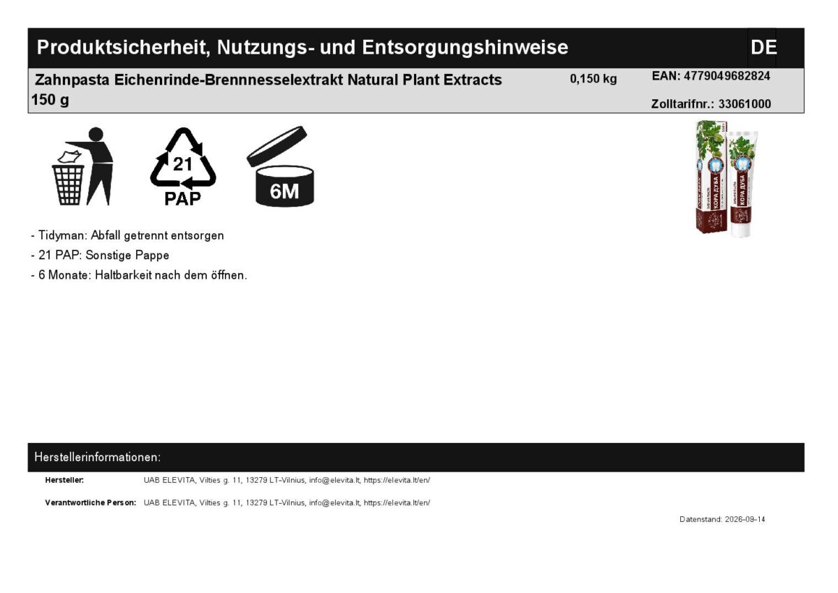 Zahnpasta Eichenrinde-Brennnesselextrakt Natural Plant Extracts 150 g
