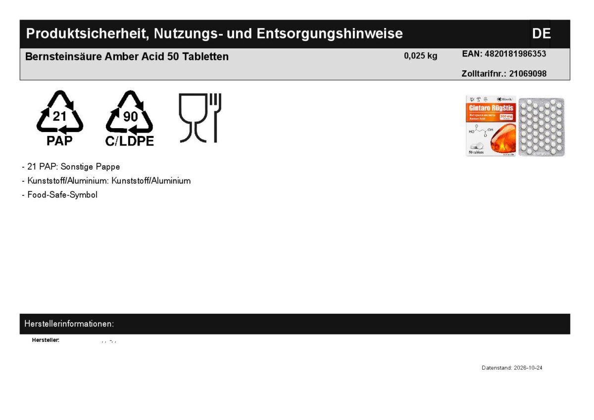 Bernsteinsäure 50 Tabletten Amber Acid Succinic Acid Biotiki