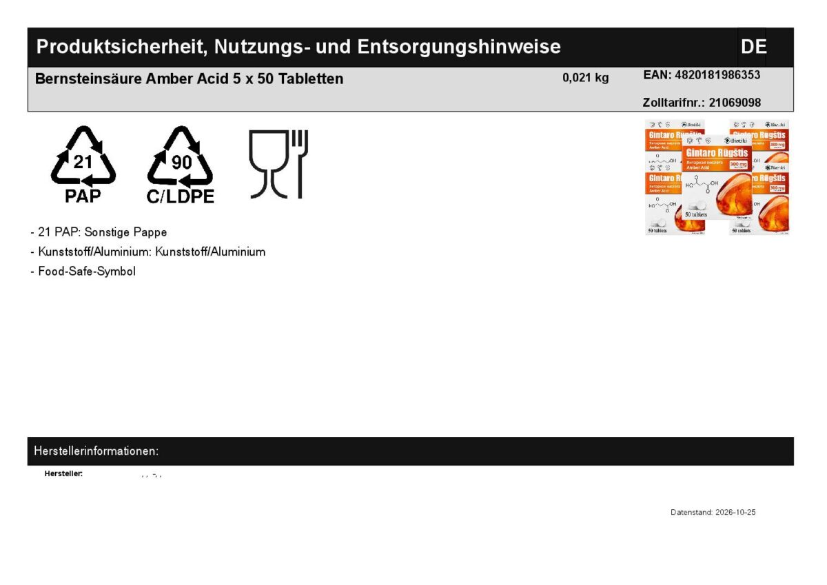 Bernsteinsäure Amber Acid Succinic Acid Biotiki 5 x 50 Tabletten